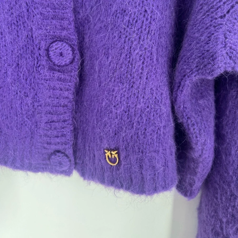 Pinko Mohair Wool Blend Purple Button Up Cropped Logo Plaque Soft Cardigan